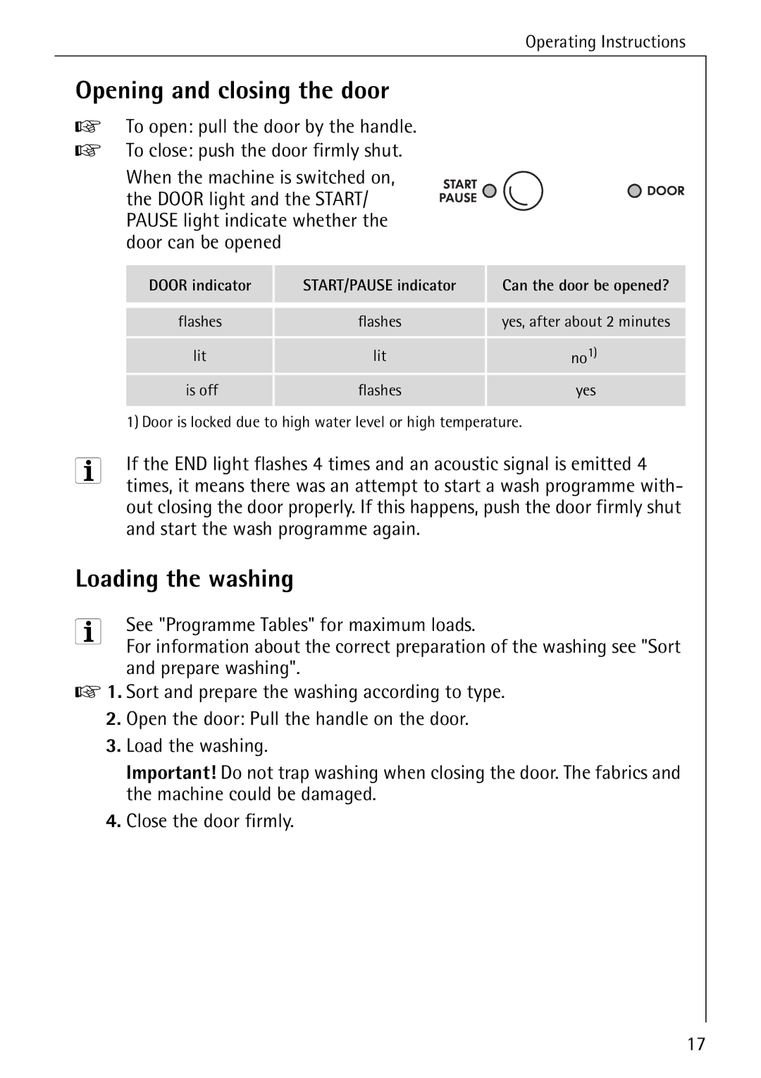 Electrolux LAVAMAT W 1259 manual Opening and closing the door, Loading the washing 