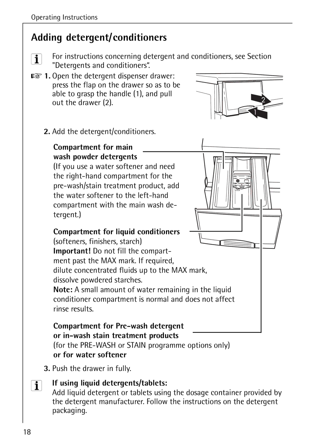 Electrolux LAVAMAT W 1259 manual Adding detergent/conditioners, If using liquid detergents/tablets 