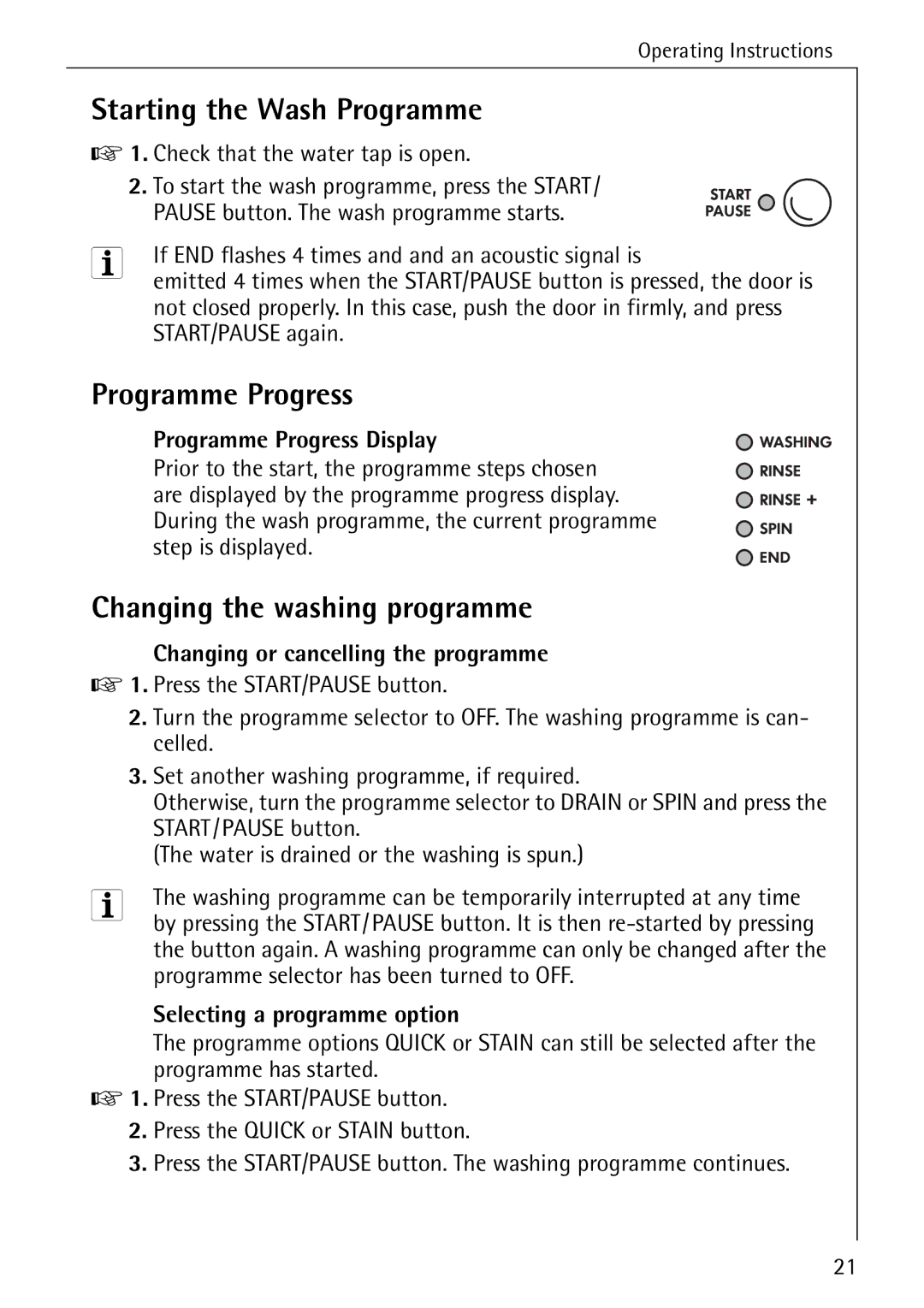 Electrolux LAVAMAT W 1259 manual Starting the Wash Programme, Programme Progress, Changing the washing programme 