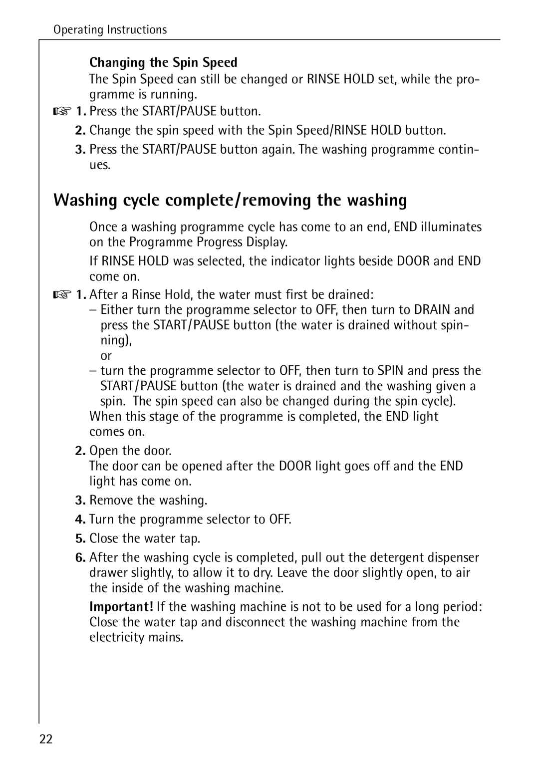 Electrolux LAVAMAT W 1259 manual Washing cycle complete/removing the washing, Changing the Spin Speed 