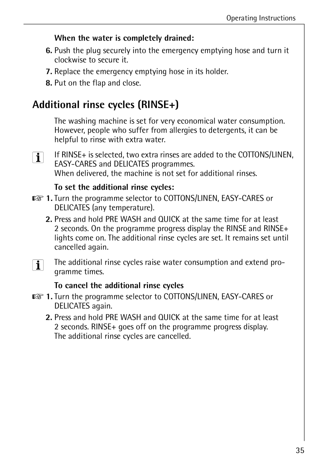 Electrolux LAVAMAT W 1259 manual Additional rinse cycles RINSE+, When the water is completely drained 