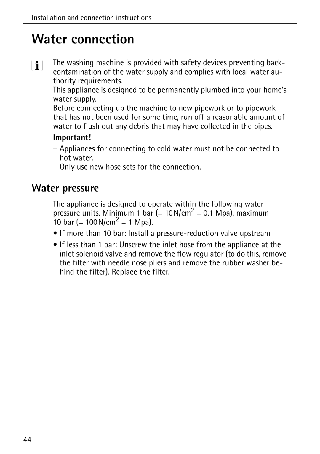 Electrolux LAVAMAT W 1259 manual Water connection, Water pressure 