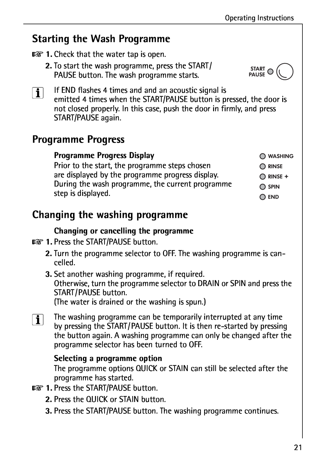 Electrolux LAVAMAT W 1259 manual Starting the Wash Programme, Programme Progress, Changing the washing programme 