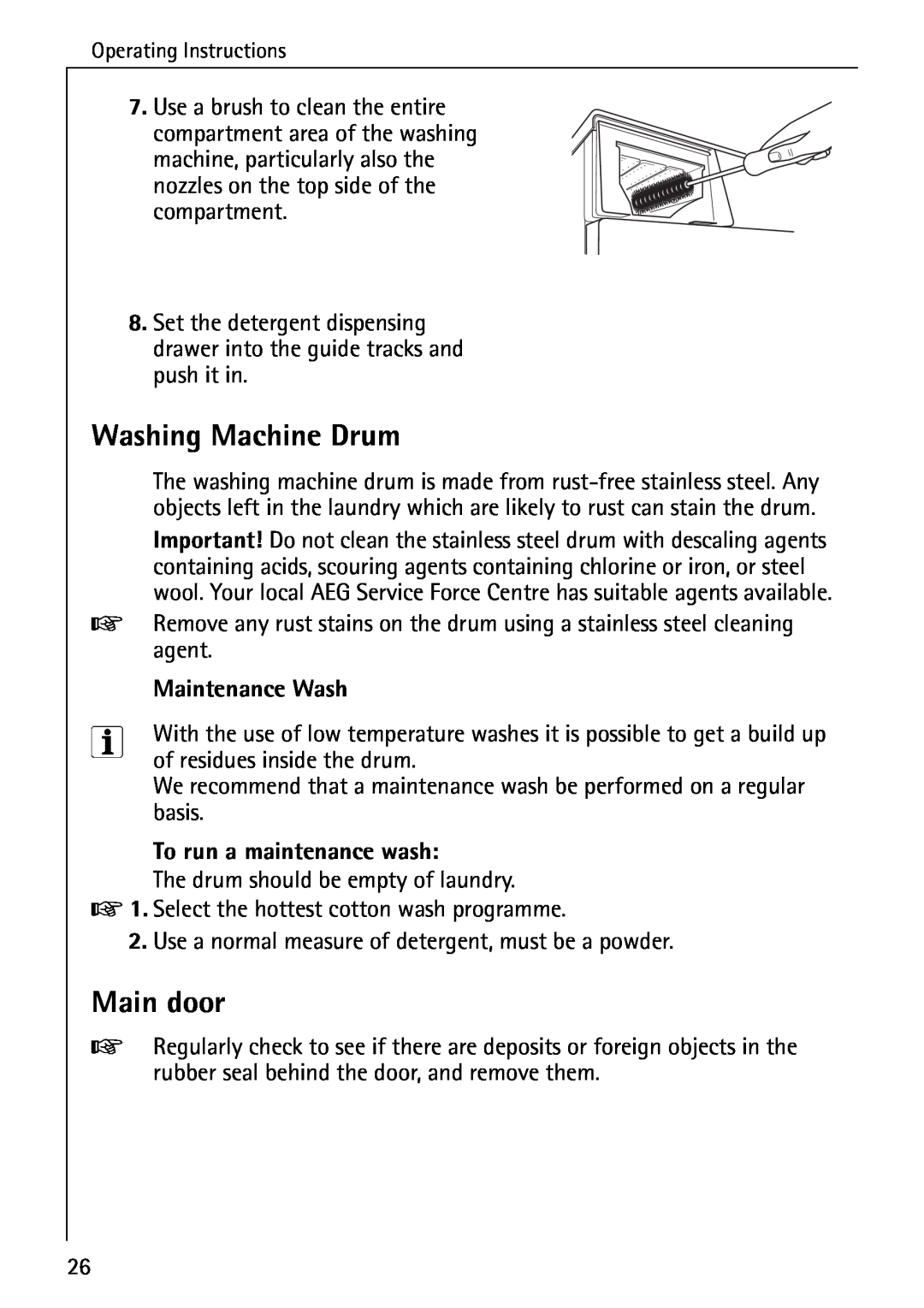 Electrolux LAVAMAT W 1259 manual Washing Machine Drum, Main door, Maintenance Wash, To run a maintenance wash 