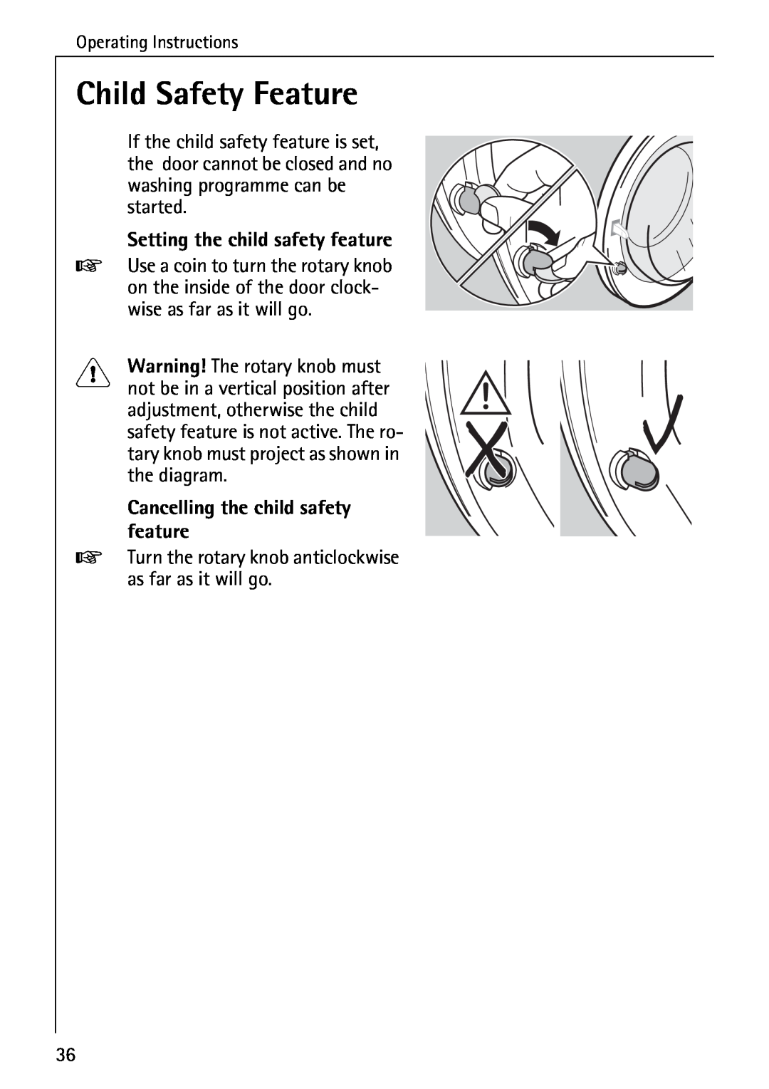 Electrolux LAVAMAT W 1259 Child Safety Feature, Setting the child safety feature, Cancelling the child safety feature 