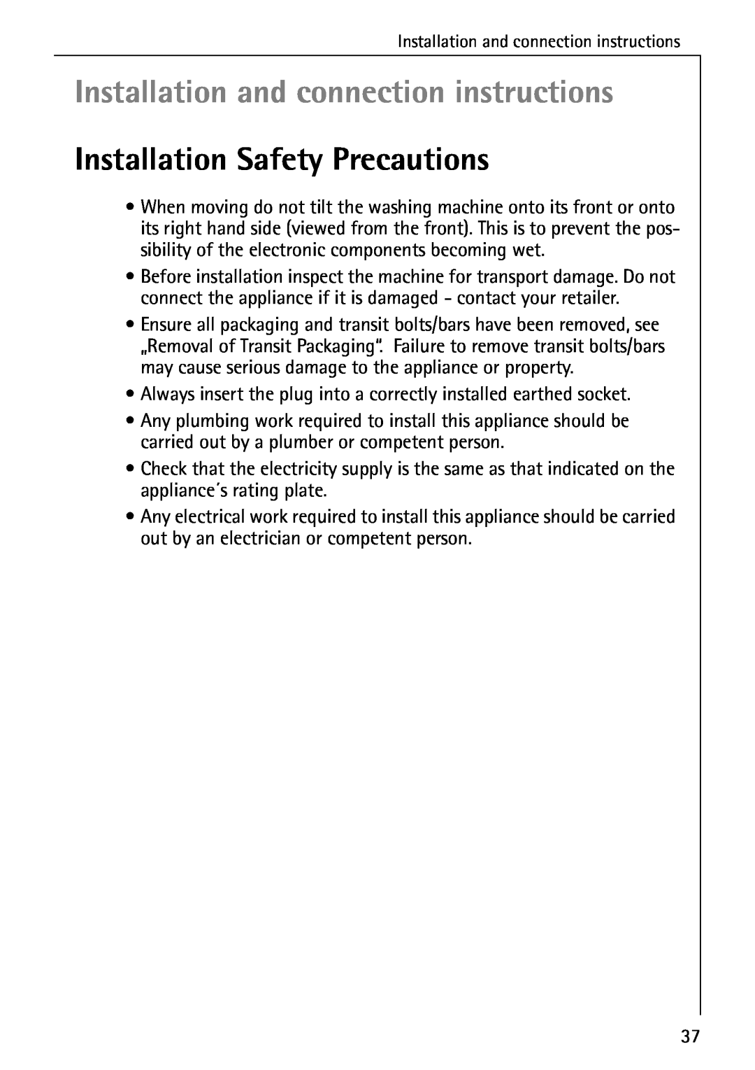 Electrolux LAVAMAT W 1259 manual Installation and connection instructions, Installation Safety Precautions 