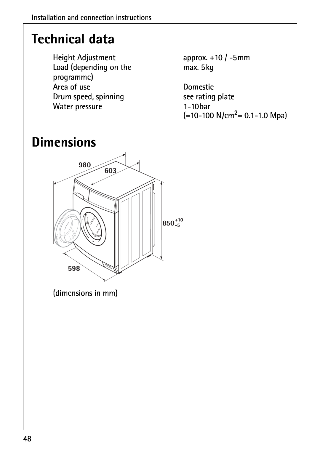 Electrolux LAVAMAT W 1259 manual Technical data, Dimensions 