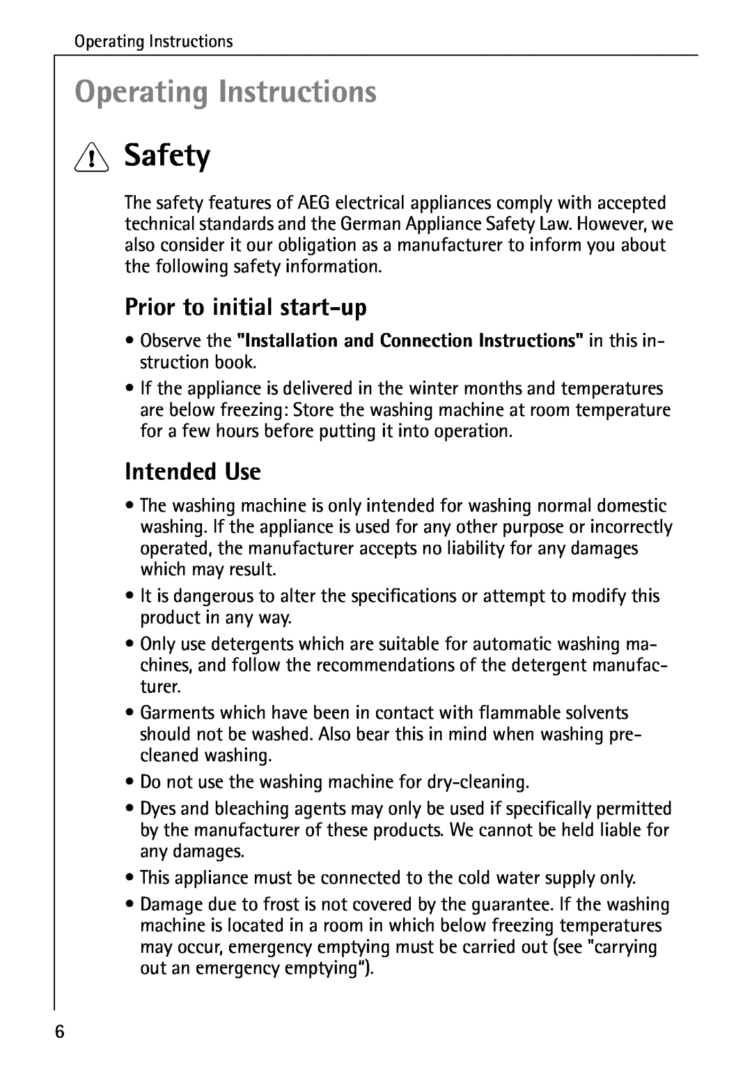 Electrolux LAVAMAT W 1259 manual Operating Instructions, Safety, Prior to initial start-up, Intended Use 