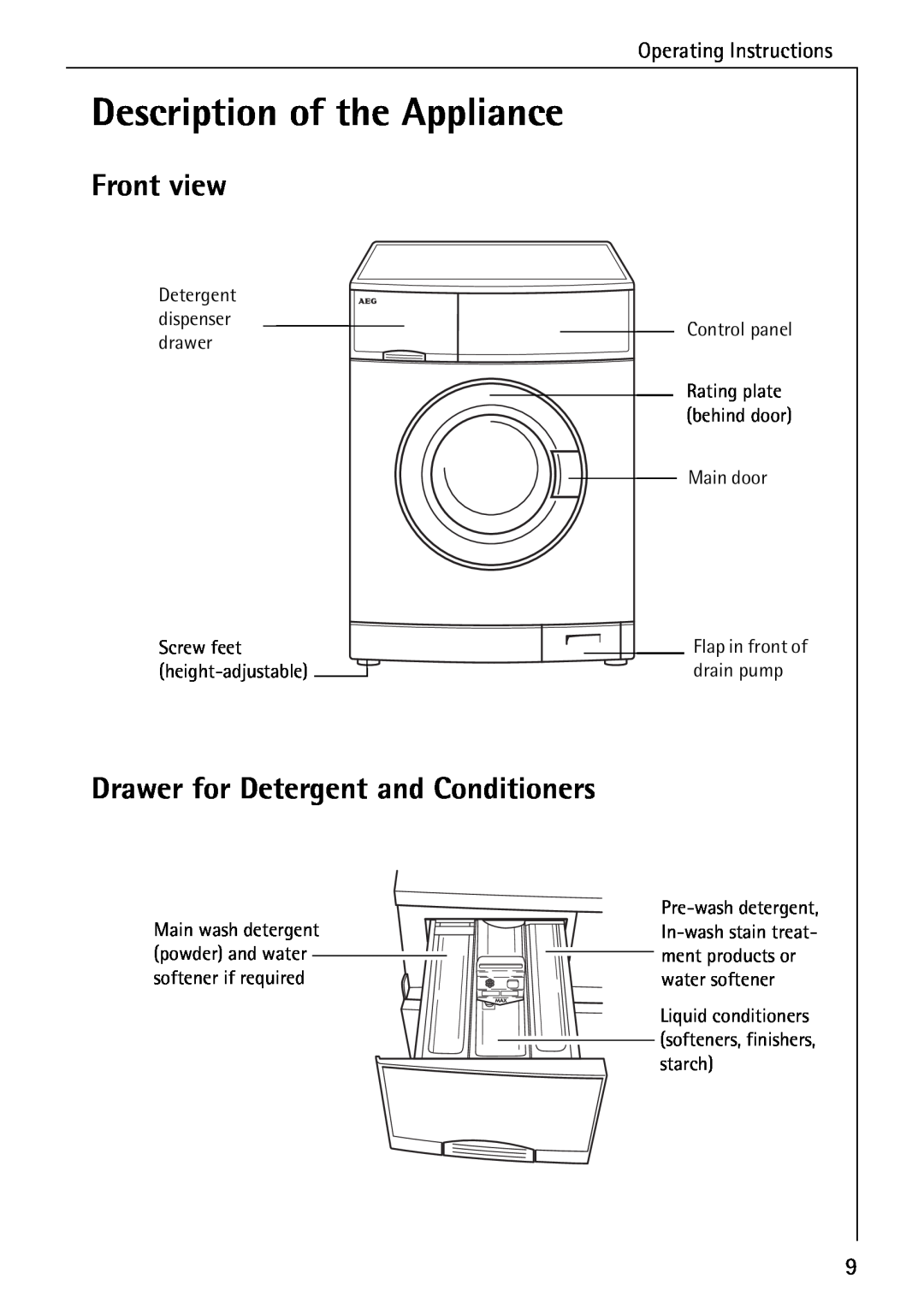 Electrolux LAVAMAT W 1259 manual Description of the Appliance, Front view, Drawer for Detergent and Conditioners 