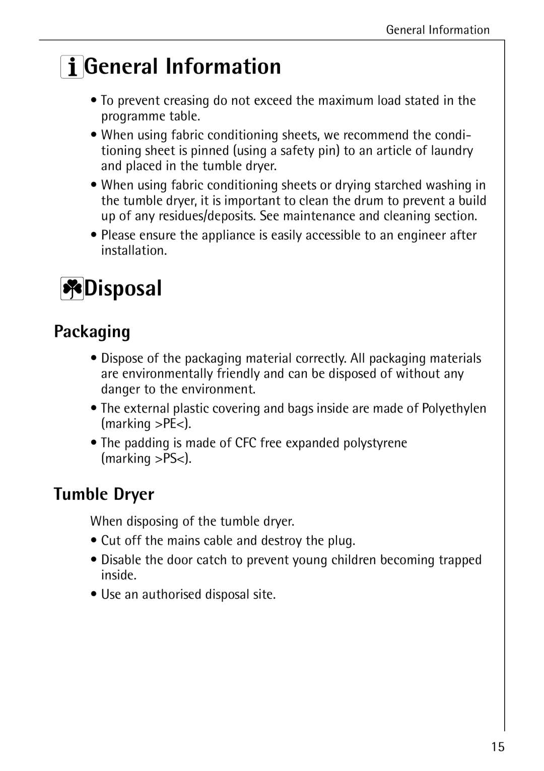 Electrolux LAVATHERM 32600 installation instructions 3General Information, 2Disposal, Packaging, Tumble Dryer 