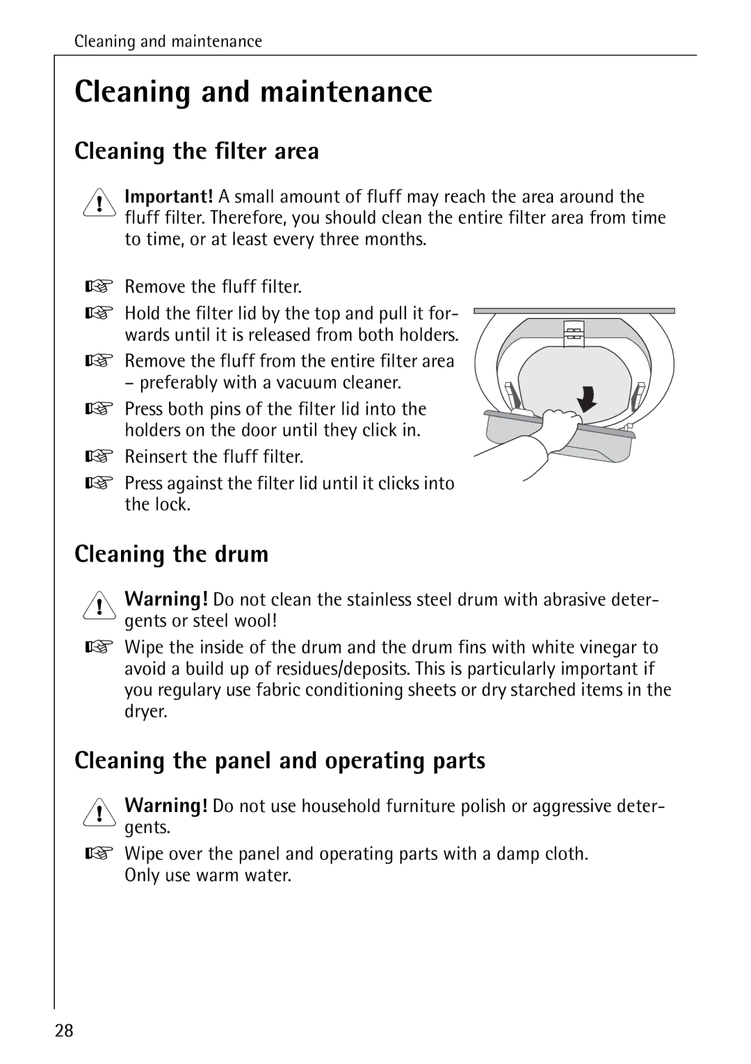 Electrolux LAVATHERM 32600 installation instructions Cleaning and maintenance, Cleaning the filter area, Cleaning the drum 