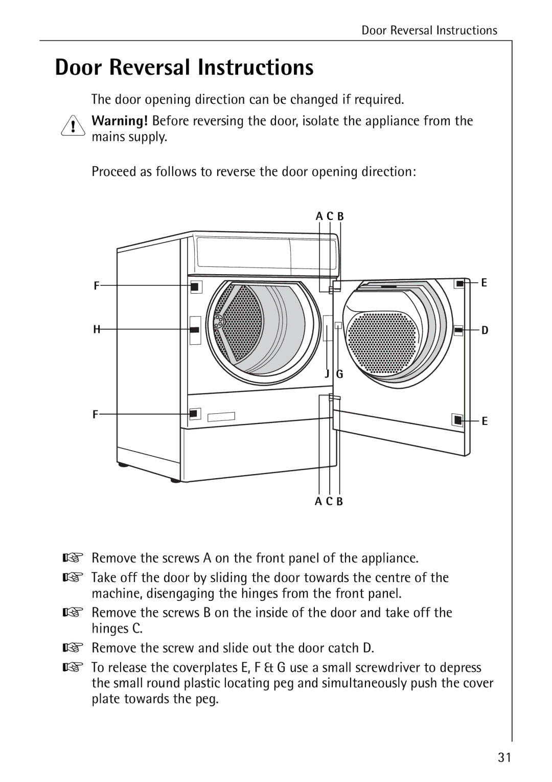 Electrolux LAVATHERM 32600 installation instructions Door Reversal Instructions 