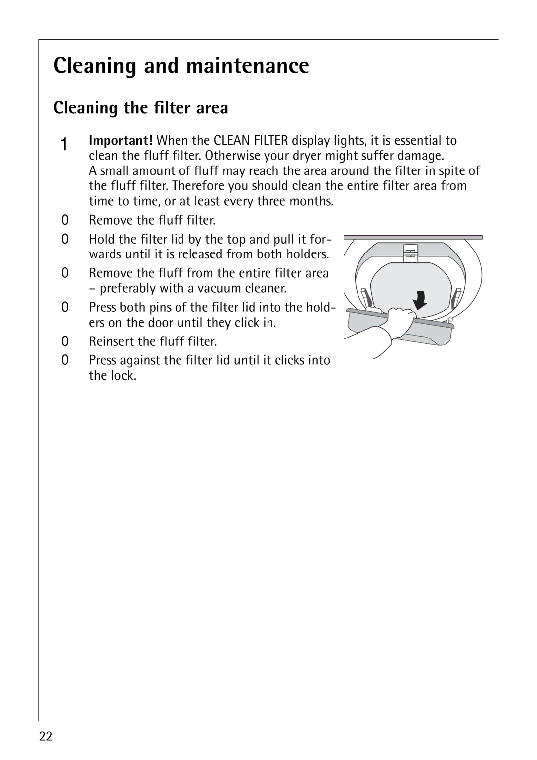 Electrolux LAVATHERM 37320 operating instructions Cleaning and maintenance, Cleaning the filter area 