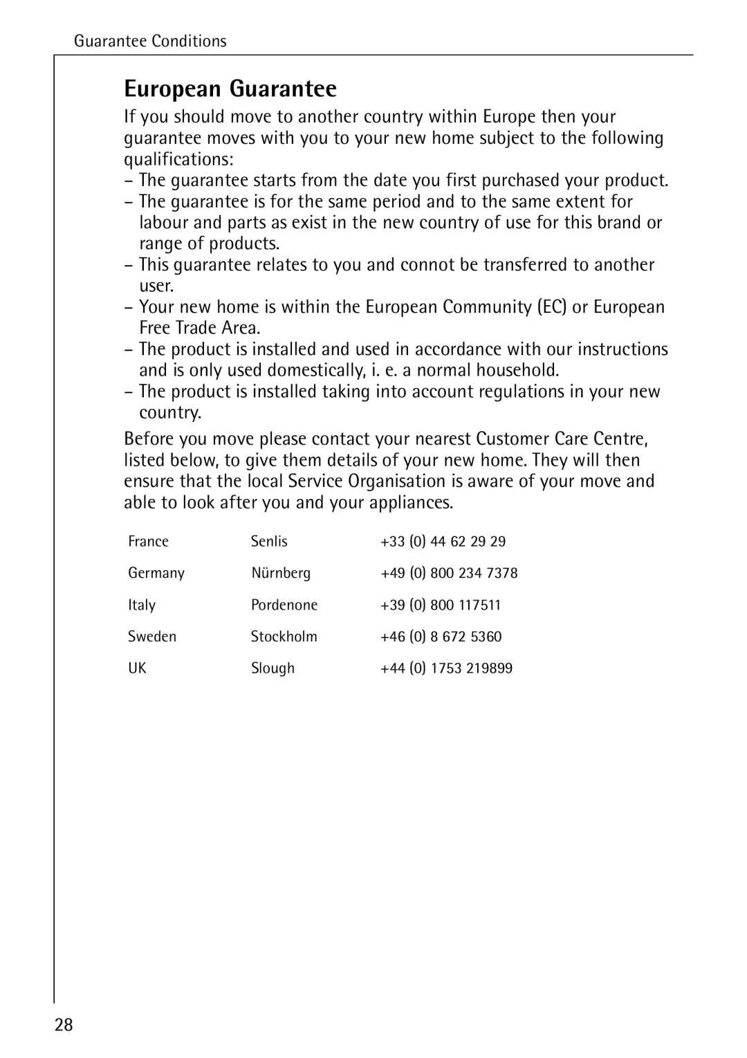 Electrolux LAVATHERM 37320 operating instructions European Guarantee 