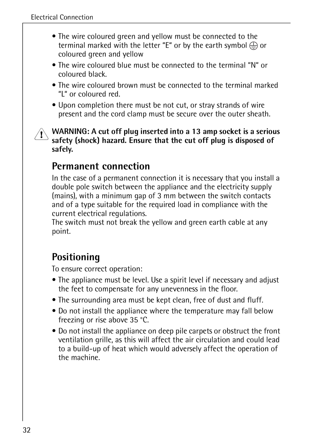 Electrolux LAVATHERM 37320 operating instructions Permanent connection, Positioning 