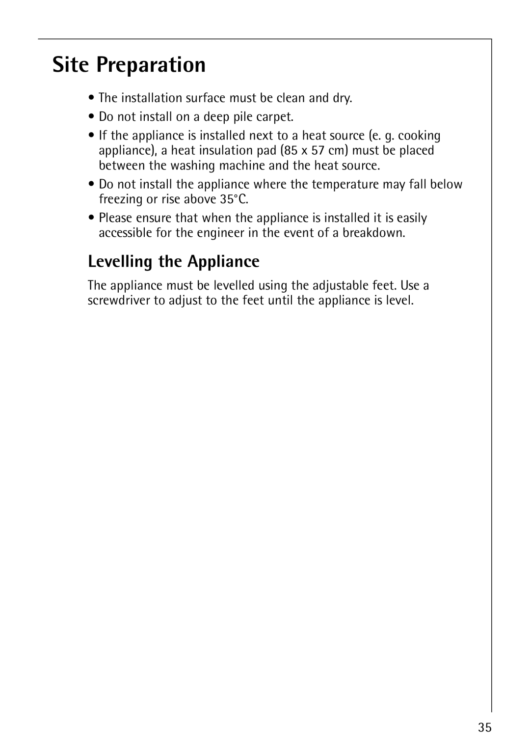 Electrolux LAVATHERM 37320 operating instructions Site Preparation, Levelling the Appliance 