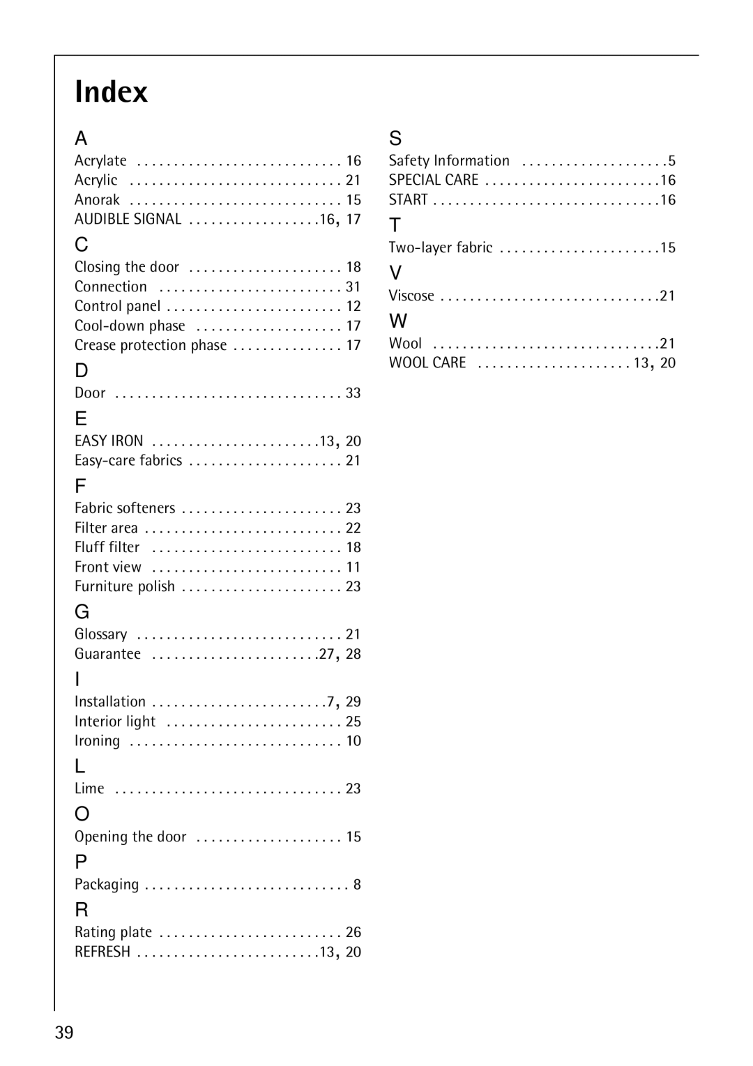 Electrolux LAVATHERM 37320 operating instructions Index, Acrylate Acrylic Anorak 