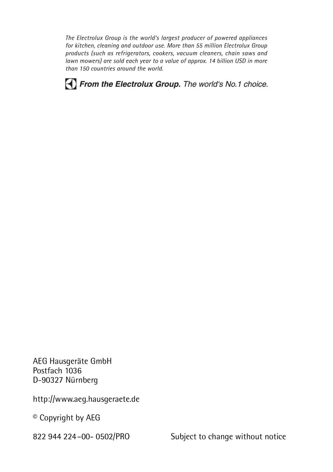 Electrolux LAVATHERM 37320 operating instructions Subject to change without notice 