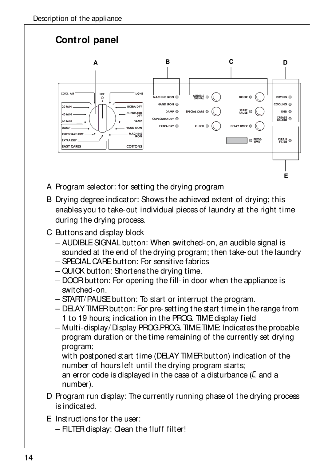 Electrolux LAVATHERM 37700 operating instructions Control panel 