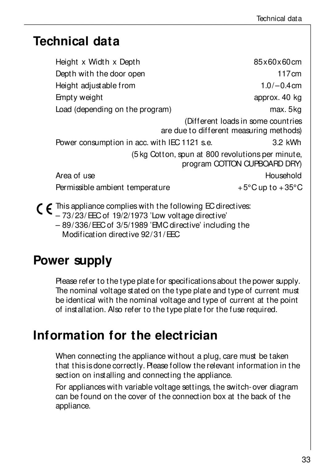 Electrolux LAVATHERM 37700 operating instructions Technical data, Power supply, Information for the electrician 