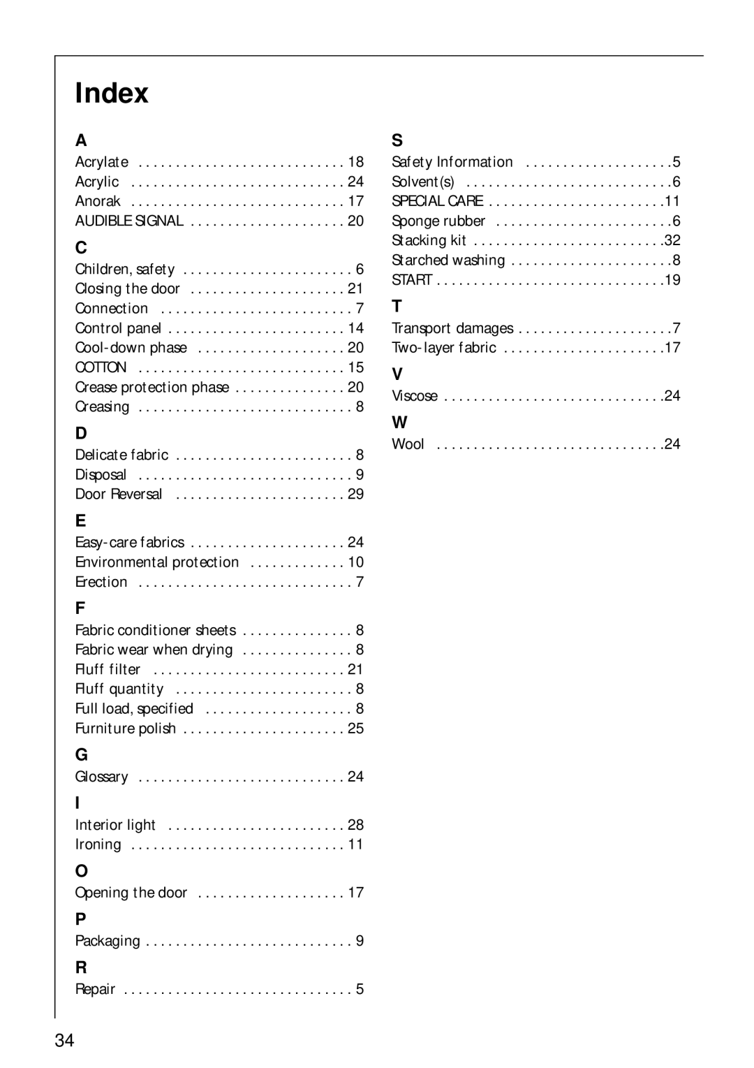 Electrolux LAVATHERM 37700 operating instructions Index, Acrylate Acrylic Anorak 