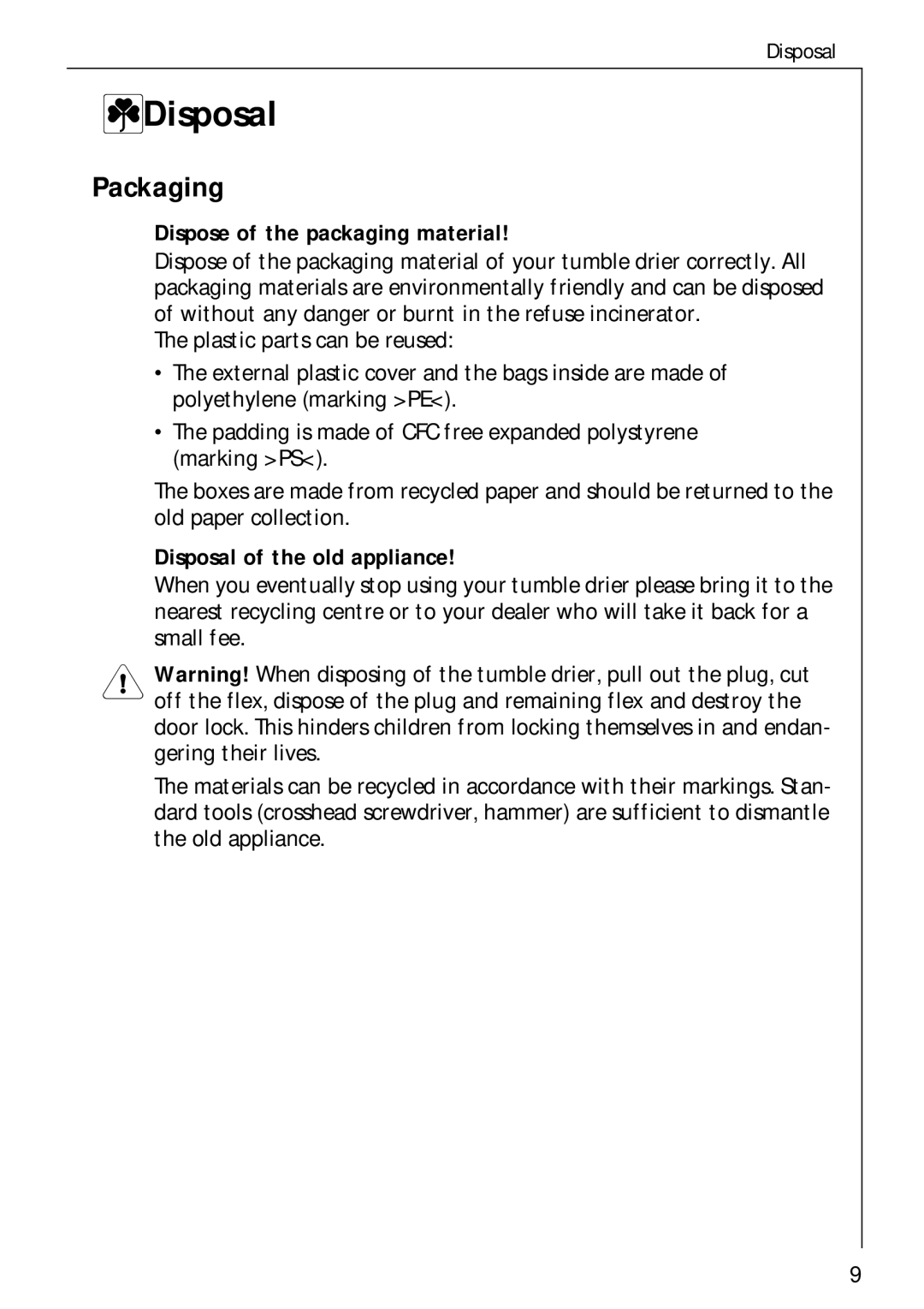 Electrolux LAVATHERM 37700 operating instructions Disposal, Packaging 