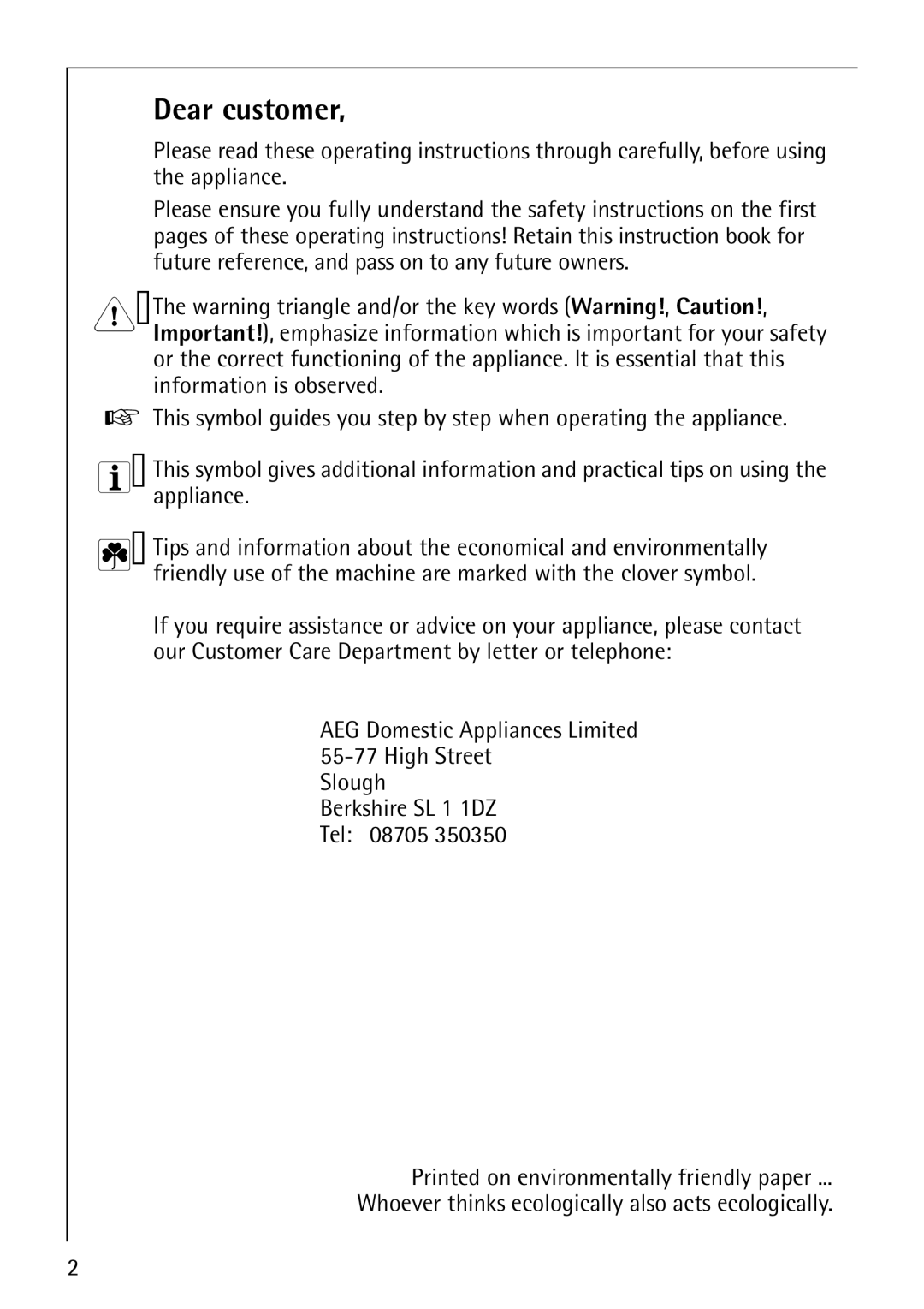 Electrolux LAVATHERM 56600 operating instructions Dear customer 