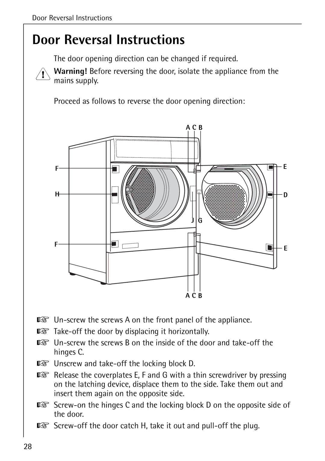 Electrolux LAVATHERM 56600 operating instructions Door Reversal Instructions 