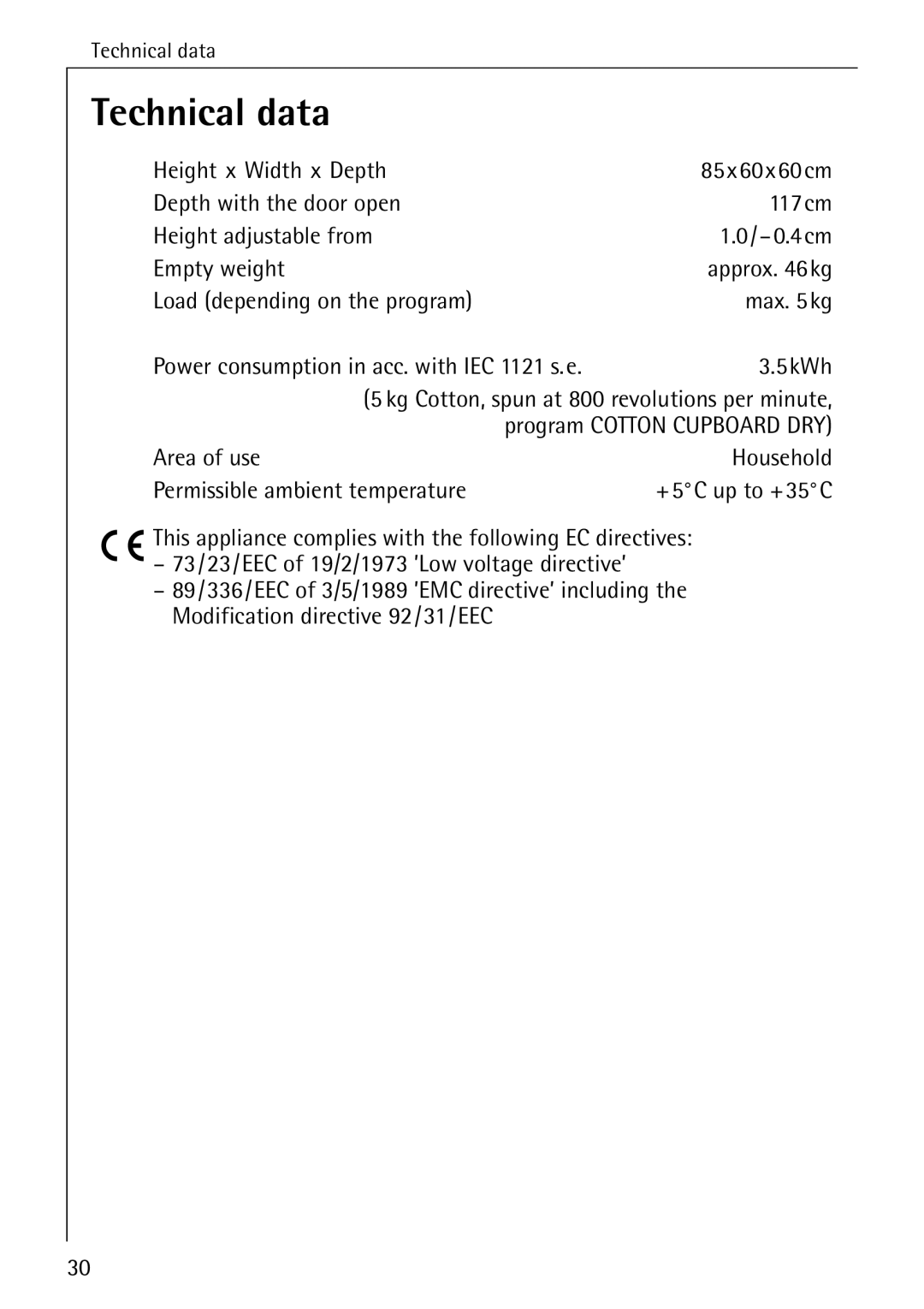 Electrolux LAVATHERM 56600 operating instructions Technical data 