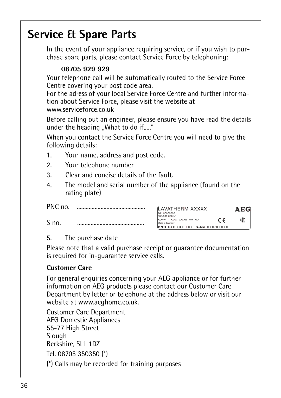 Electrolux LAVATHERM 56600 operating instructions Service & Spare Parts, 08705 929 