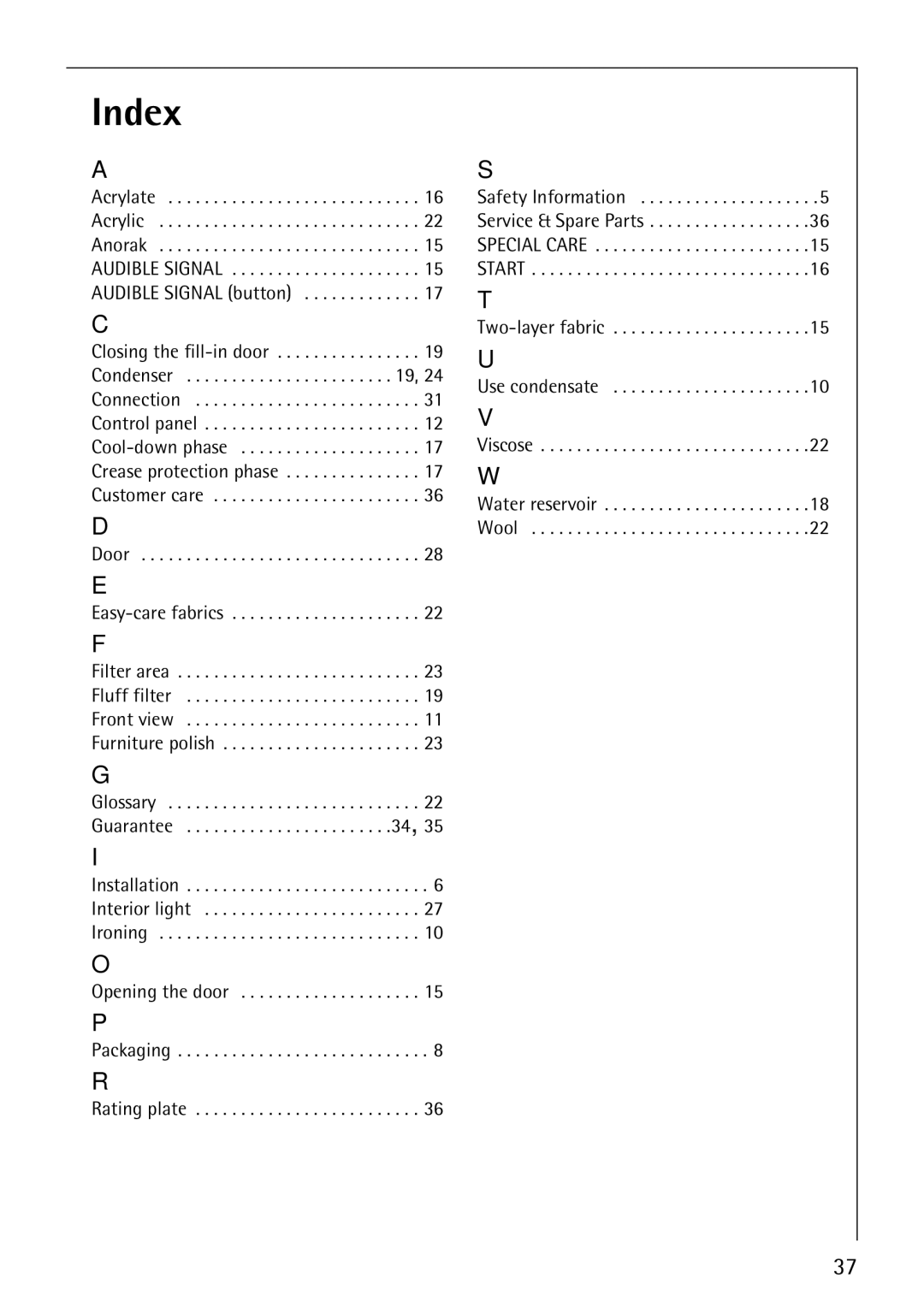 Electrolux LAVATHERM 56600 operating instructions Index, Acrylate Acrylic Anorak 