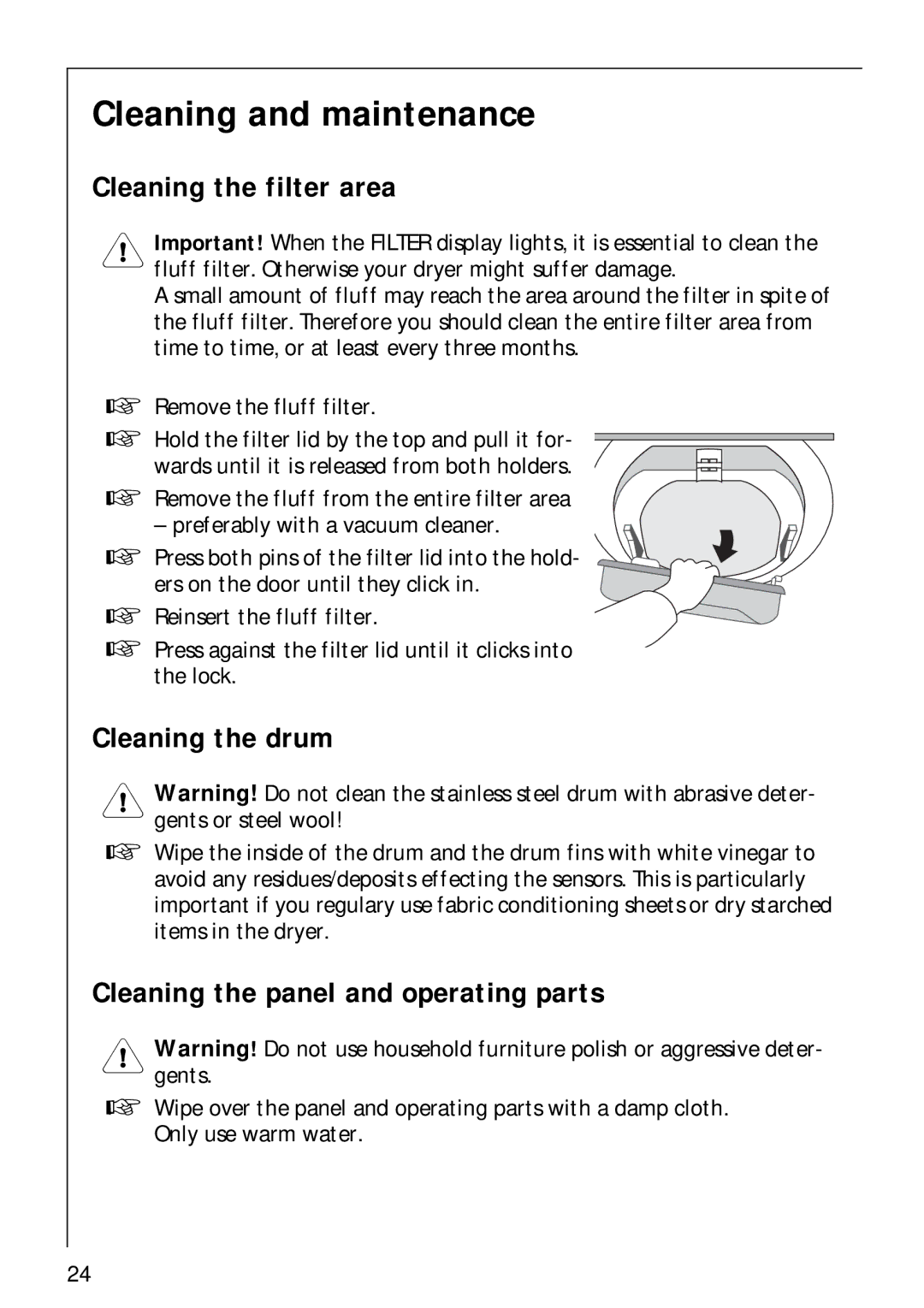 Electrolux LAVATHERM 57700 operating instructions Cleaning and maintenance, Cleaning the filter area, Cleaning the drum 