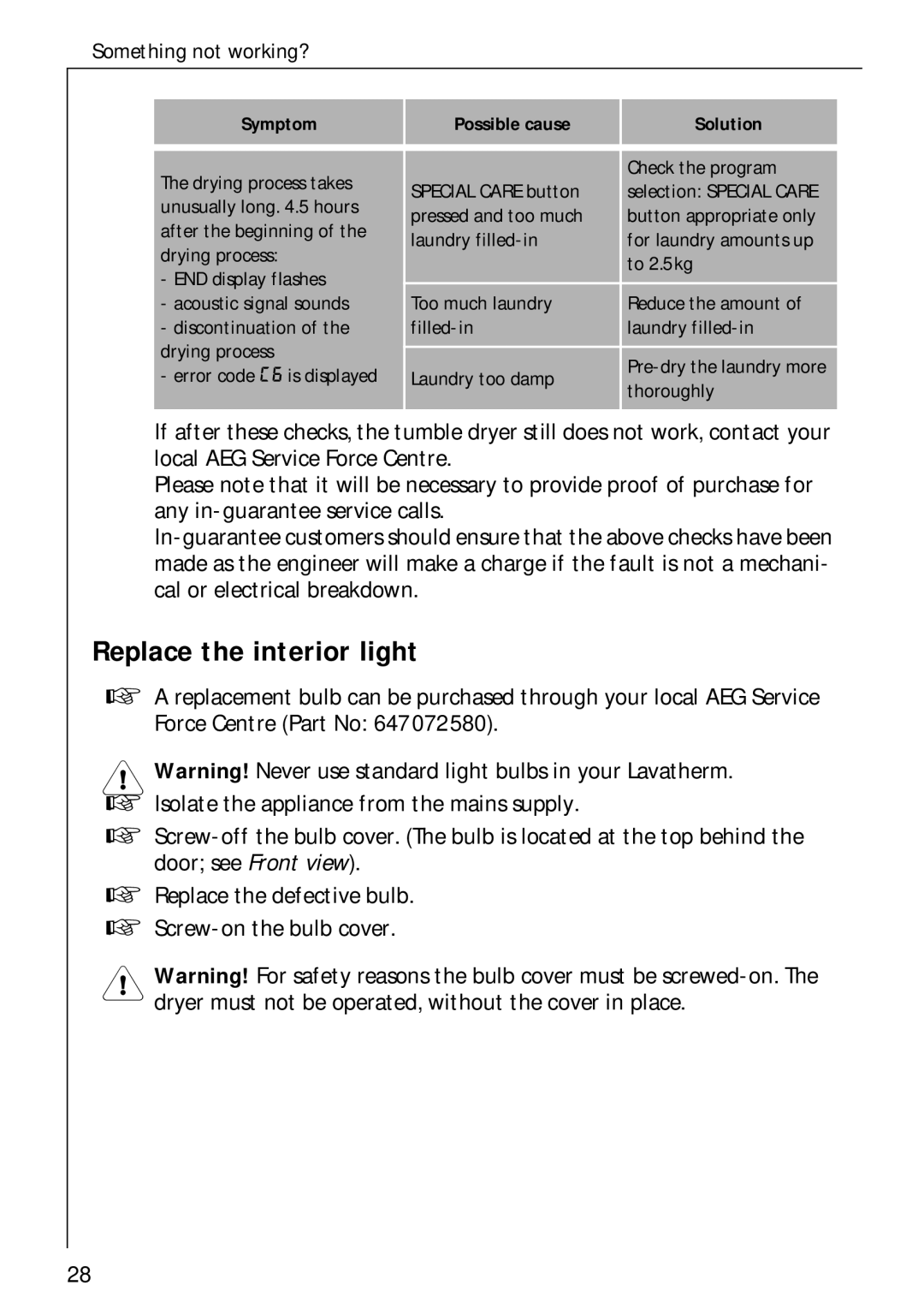 Electrolux LAVATHERM 57700 operating instructions Replace the interior light 