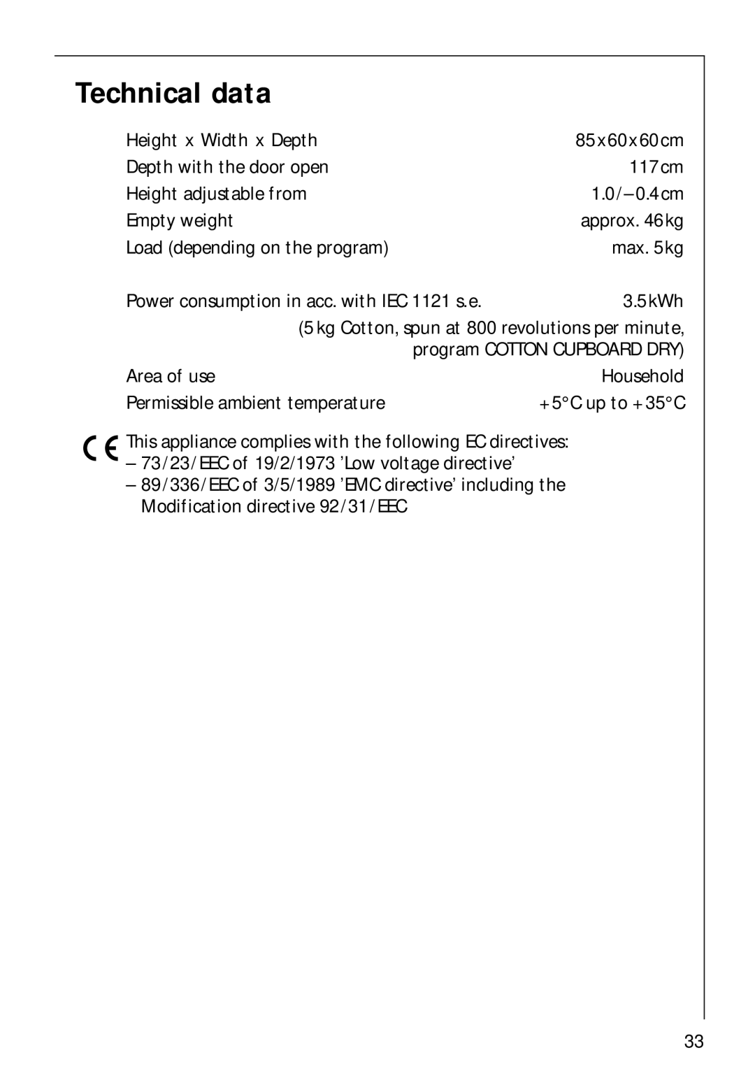 Electrolux LAVATHERM 57700 operating instructions Technical data 