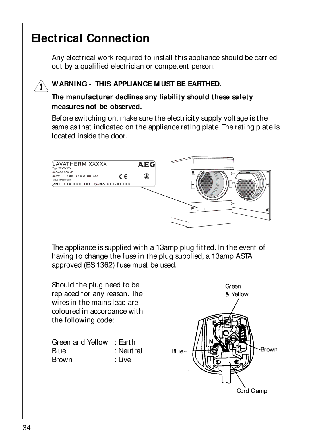 Electrolux LAVATHERM 57700 operating instructions Electrical Connection 