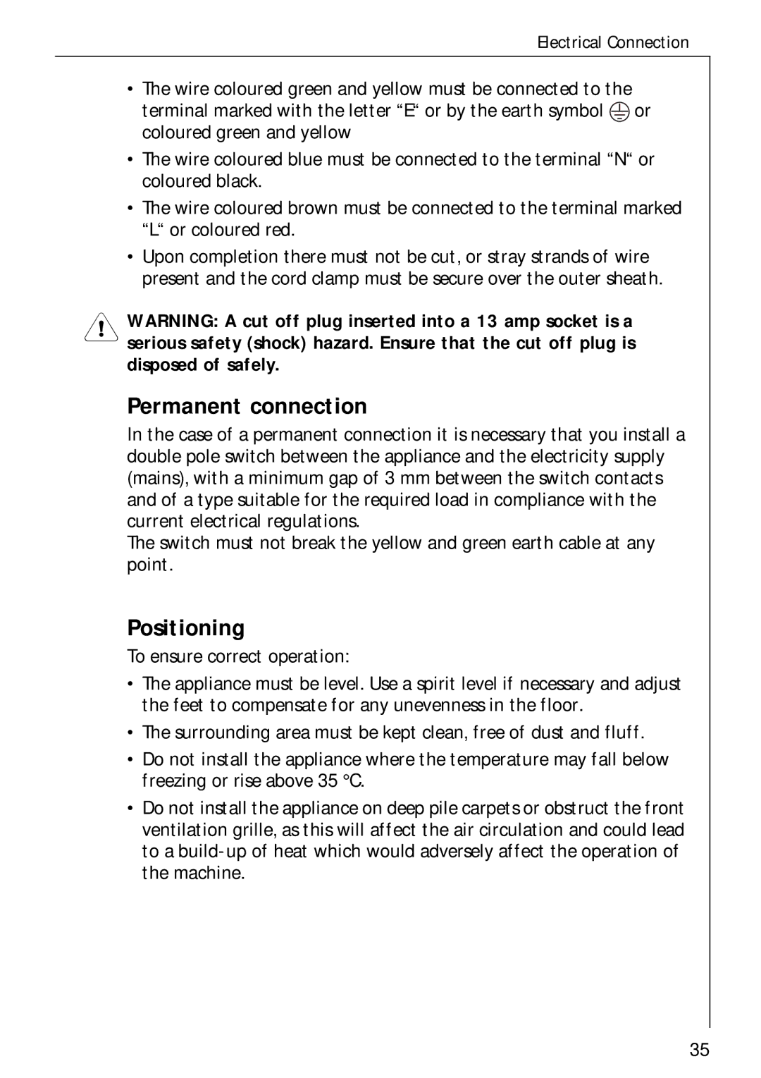 Electrolux LAVATHERM 57700 operating instructions Permanent connection, Positioning 