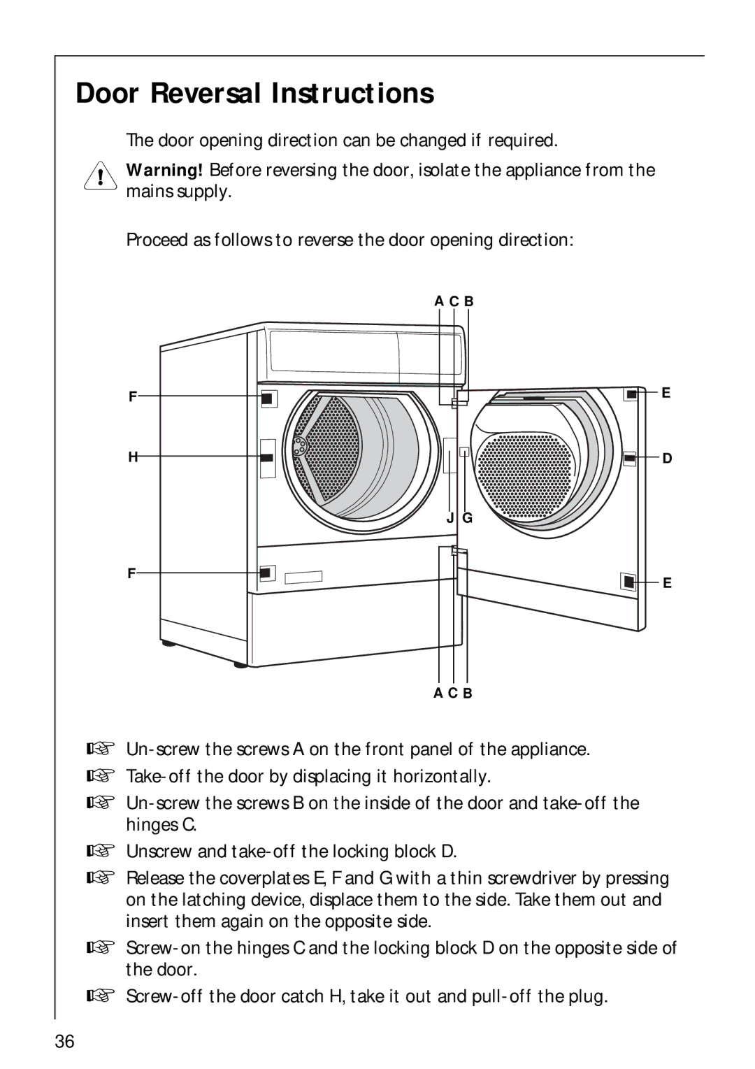 Electrolux LAVATHERM 57700 operating instructions Door Reversal Instructions 