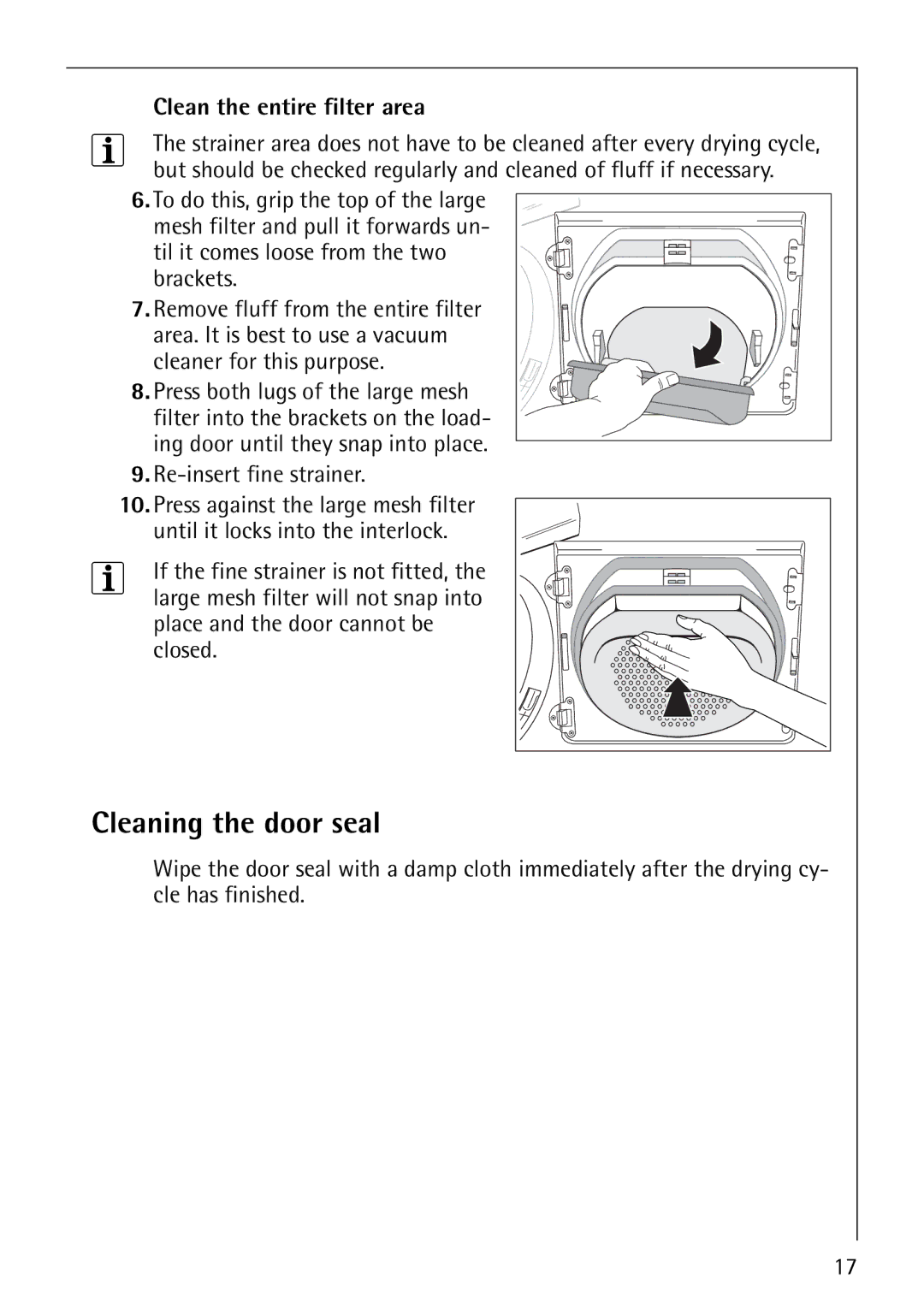 Electrolux LAVATHERM 57810 manual Cleaning the door seal, Clean the entire filter area 