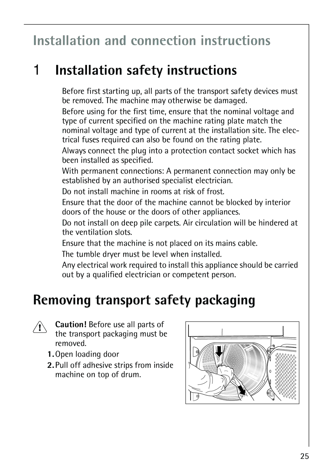 Electrolux LAVATHERM 57810 manual Installation safety instructions, Removing transport safety packaging 