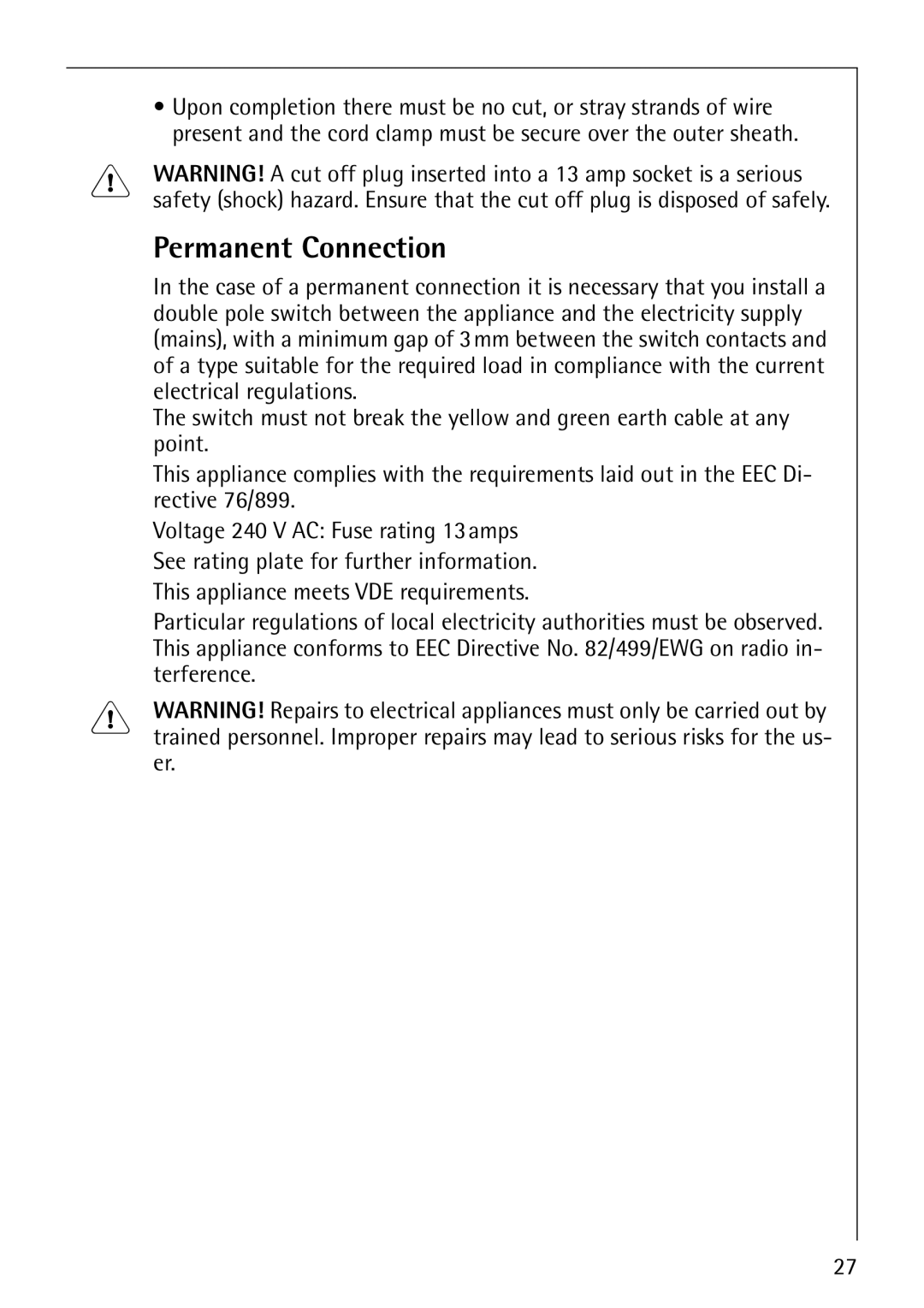 Electrolux LAVATHERM 57810 manual Permanent Connection 