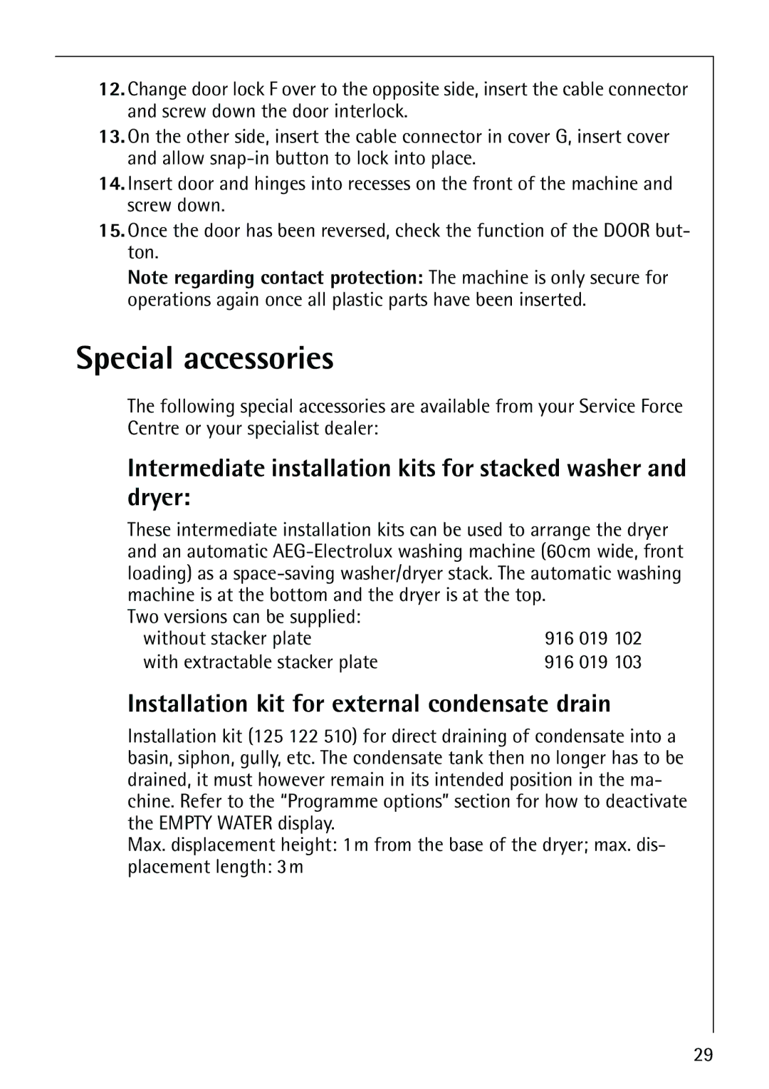 Electrolux LAVATHERM 57810 manual Special accessories, Intermediate installation kits for stacked washer and dryer 