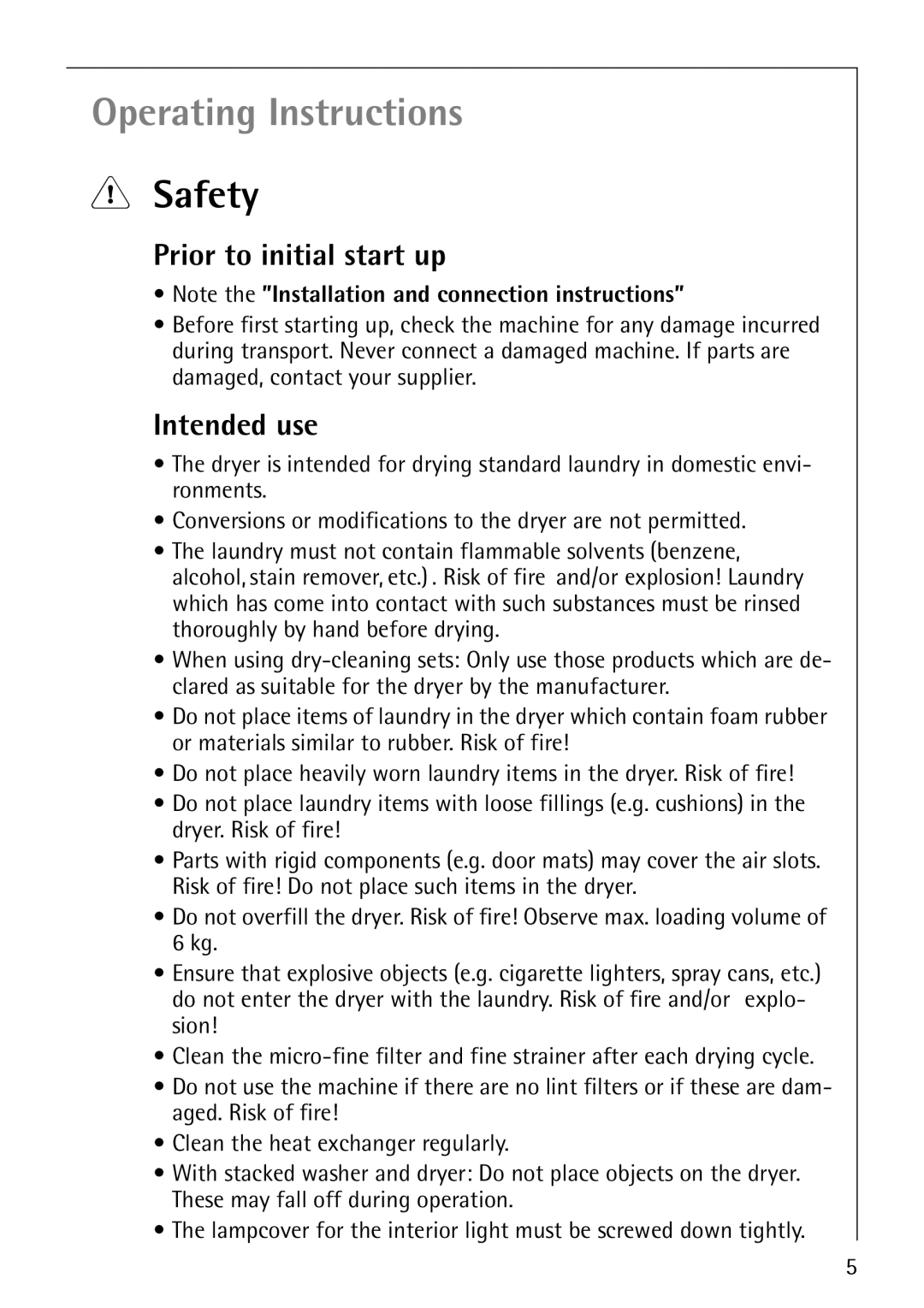 Electrolux LAVATHERM 57810 manual Safety, Prior to initial start up, Intended use 