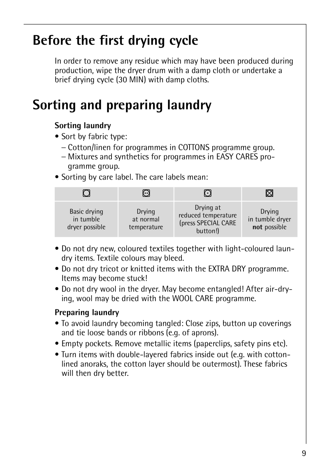 Electrolux LAVATHERM 57810 manual Before the first drying cycle, Sorting and preparing laundry, Sorting laundry 