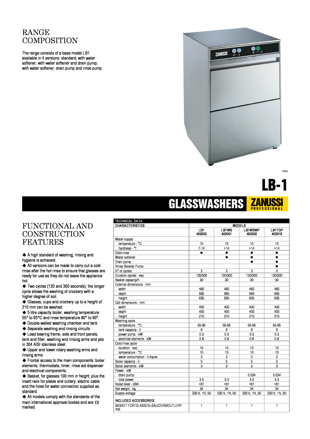 Electrolux LB-1, LB1TOP, LB1WSWP, 402001, 402002, 402018 dimensions Range Composition, Functional And Construction Features 