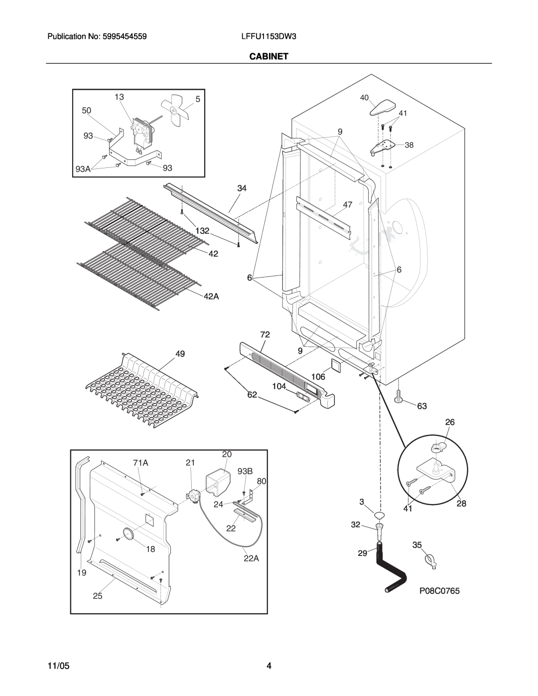 Electrolux manual Cabinet, P08C0765, 11/05, Publication No, LFFU1153DW3 