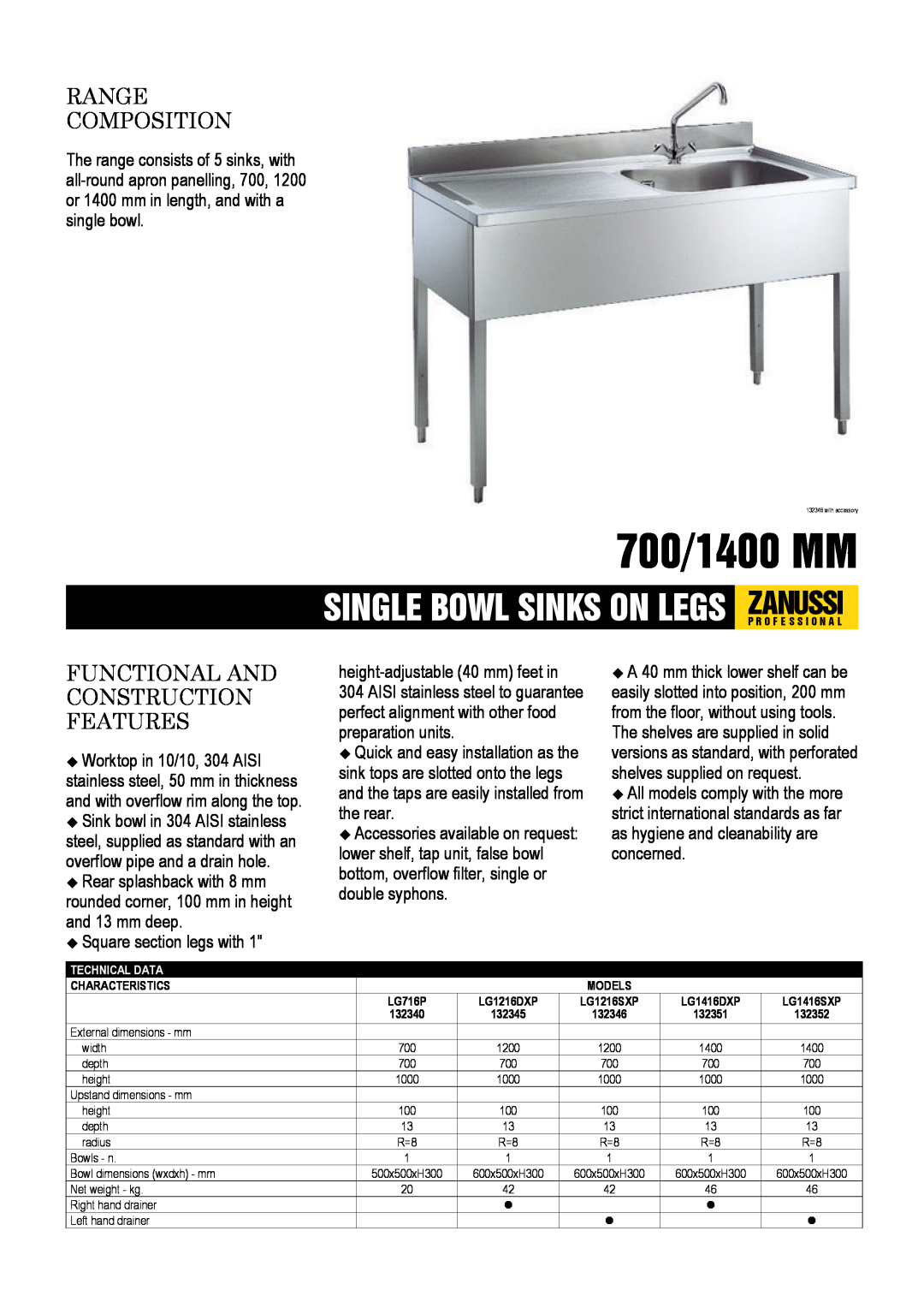 Electrolux LG716P dimensions 700/1400 MM, Single Bowl Sinks On Legs Zanussip R O F E S S I O N A L, Range Composition 
