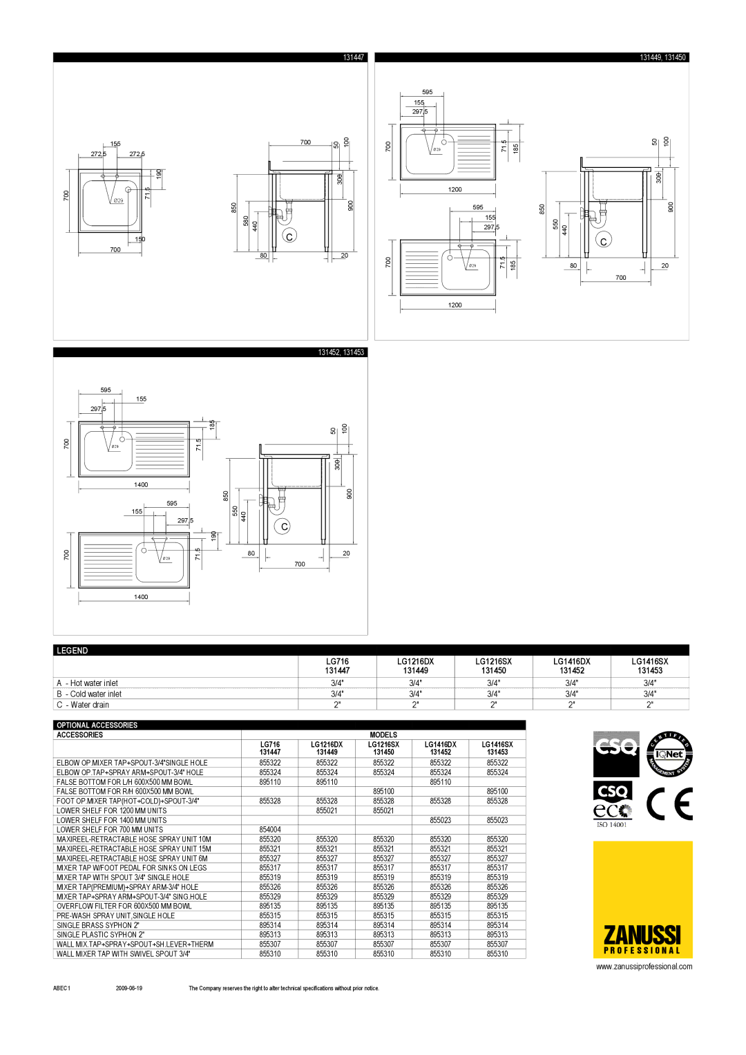 Electrolux LG716, LG1416SX, LG1416DX, LG1216SX, 131453, 131450, LG1216DX dimensions 131447 131449, 131452 