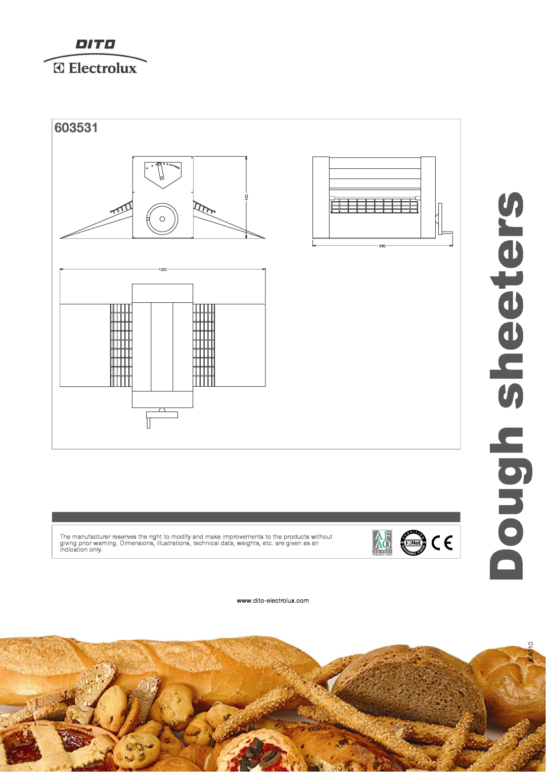 Electrolux 603531, LMP400 manual Dough sheeters, AIA010, 1000 