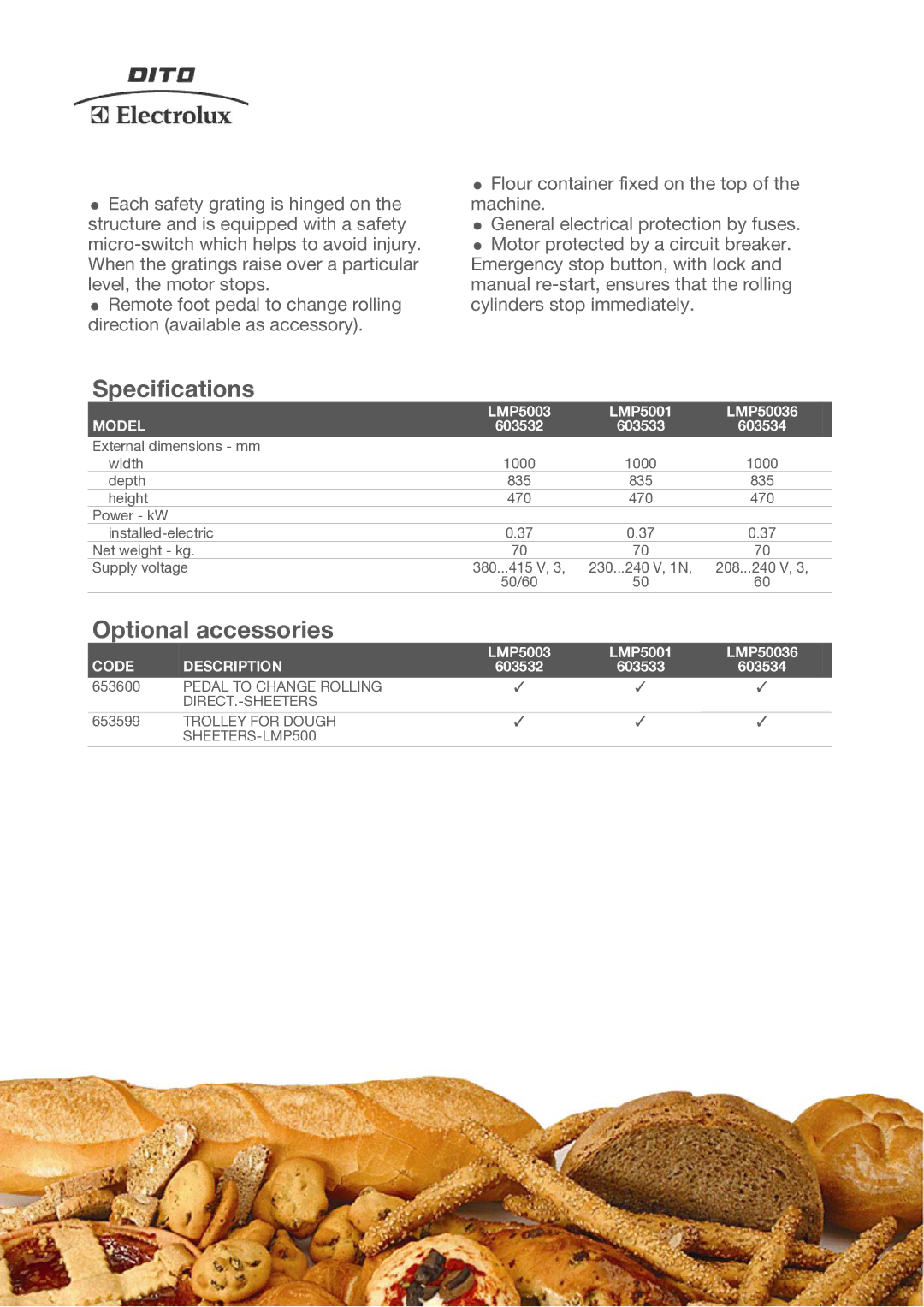 Electrolux LMP5001, LMP50036, 603533, 603532, 603534 Specifications, Optional accessories, Model, Code Description 