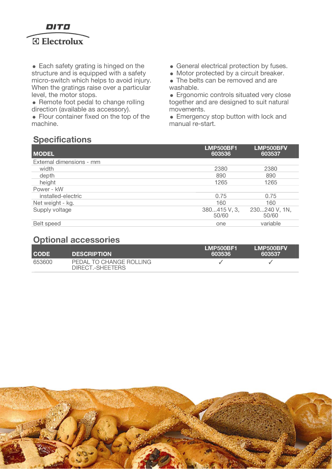 Electrolux LMP500BF manual Specifications, Optional accessories 